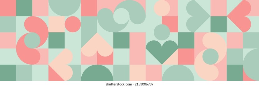 Seamless pink background for Mother's Day card template. Trendy geometric shapes with circles, squares and hearts in retro style for a Valentine's Day or wedding day cover.