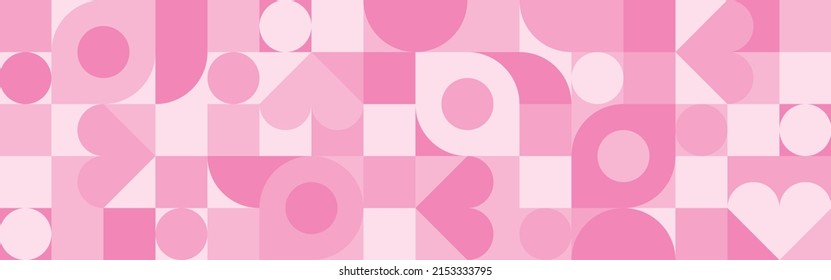 Seamless pink background for Mother's Day card template. Trendy geometric shapes with circles, squares and hearts in retro style for a Valentine's Day or wedding day cover.