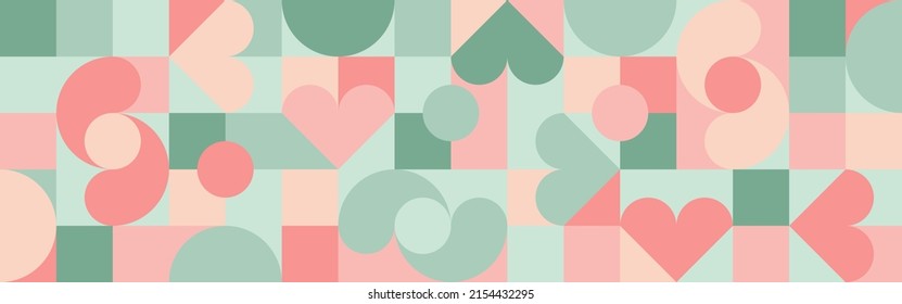 Seamless pink background for Mother's Day card template. Trendy geometric shapes with circles, squares and hearts in retro style for a Valentine's Day or wedding day cover.