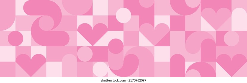 Seamless pink background for Mother's Day card template. Trendy geometric shapes with circles, squares and hearts in retro style for a Valentine's Day or wedding day cover.