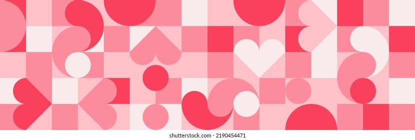 Seamless pink background for Mother's Day card template. Trendy geometric shapes with circles, squares and hearts in retro style for a Valentine's Day or wedding day cover.