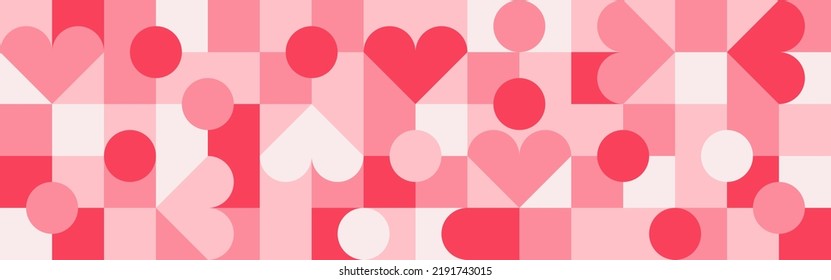 Seamless pink background for Mother's Day card template. Trendy geometric shapes with circles, squares and hearts in retro style for a Valentine's Day or wedding day cover.