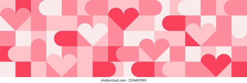 Seamless pink background for Mother's Day card template. Trendy geometric shapes with circles, squares and hearts in retro style for a Valentine's Day or wedding day cover.