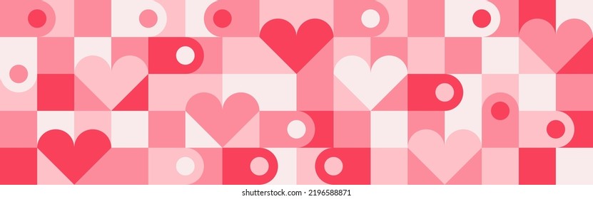 Seamless pink background for Mother's Day card template. Trendy geometric shapes with circles, squares and hearts in retro style for a Valentine's Day or wedding day cover.