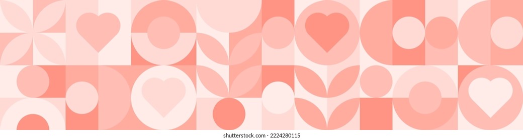 Seamless pink background for Mother's Day card template. Trendy geometric shapes with circles, squares and hearts in retro style for a Valentine's Day or wedding day cover.