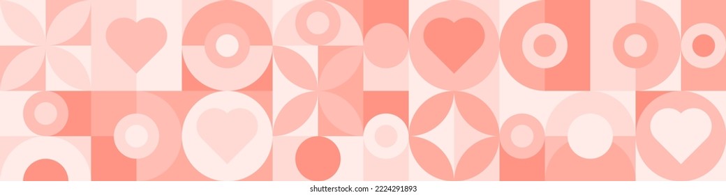 Seamless pink background for Mother's Day card template. Trendy geometric shapes with circles, squares and hearts in retro style for a Valentine's Day or wedding day cover.