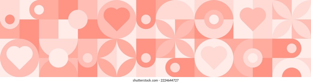 Seamless pink background for Mother's Day card template. Trendy geometric shapes with circles, squares and hearts in retro style for a Valentine's Day or wedding day cover.