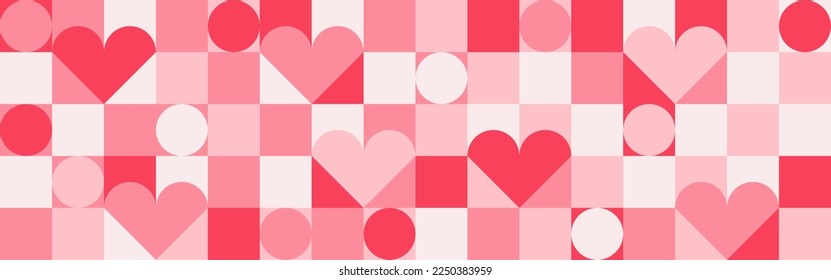 Seamless pink background for Mother's Day card template. Trendy geometric shapes with circles, squares and hearts in retro style for a Valentine's Day or wedding day cover.