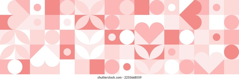 Seamless pink background for Mother's Day card template. Trendy geometric shapes with circles, squares and hearts in retro style for a Valentine's Day or wedding day cover.