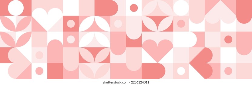 Seamless pink background for Mother's Day card template. Trendy geometric shapes with circles, squares and hearts in retro style for a Valentine's Day or wedding day cover.