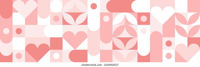 Seamless pink background for Mother's Day card template. Trendy geometric shapes with circles, squares and hearts in retro style for a Valentine's Day or wedding day cover.