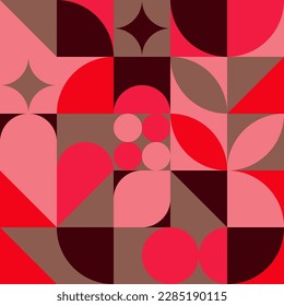 Seamless pink background for Mother's Day card template. Trendy neo geo shapes with circles, squares and hearts in retro style for a Valentine's Day or wedding day cover.