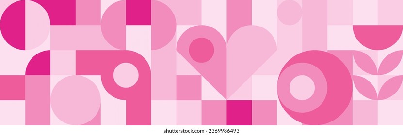 Seamless pink background for Mother's Day card template. Trendy geometric shapes with circles, squares and hearts in retro style for a Valentine's Day or wedding day cover.
