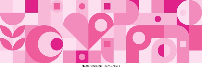 Seamless pink background for Mother's Day card template. Trendy geometric shapes with circles, squares and hearts in retro style for a Valentine's Day or wedding day cover.