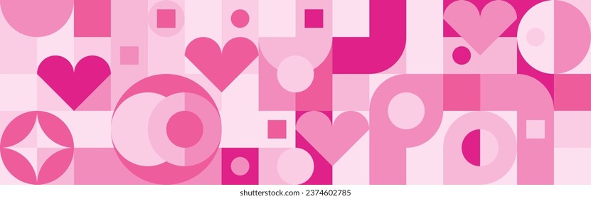 Seamless pink background for Mother's Day card template. Trendy geometric shapes with circles, squares and hearts in retro style for a Valentine's Day or wedding day cover.