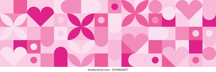 Seamless pink background for Mother's Day card template. Trendy geometric shapes with circles, squares and hearts in retro style for a Valentine's Day or wedding day cover.