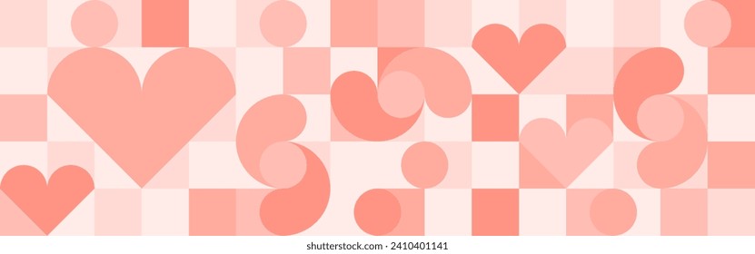 Seamless pink background for Mother's Day card template. Trendy geometric shapes with circles, squares and hearts in retro style for a Valentine's Day or wedding day cover.
