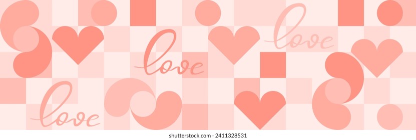 Seamless pink background for Mother's Day card template. Trendy geometric shapes with circles, squares and hearts in retro style for a Valentine's Day or wedding day cover.