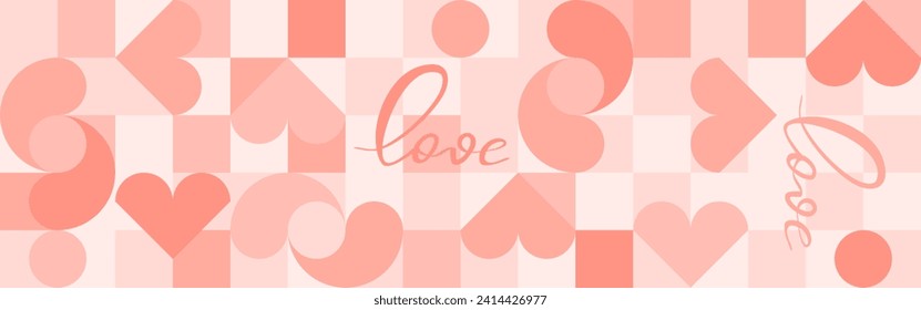 Seamless pink background for Mother's Day card template. Trendy geometric shapes with circles, squares and hearts in retro style for a Valentine's Day or wedding day cover.