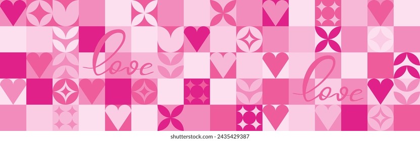 Seamless pink background for Mother's Day card template. Trendy geometric shapes with circles, squares and hearts in retro style for a Valentine's Day or wedding day cover.