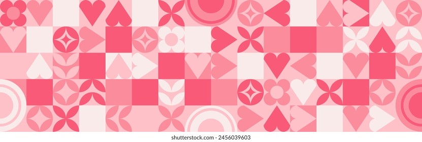 Seamless pink background for Mother's Day card template. Trendy geometric shapes with circles, squares and hearts in retro style for a Valentine's Day or wedding day cover.