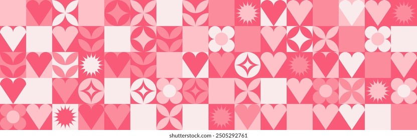 Seamless pink background for Mother's Day card template. Trendy geometric shapes with circles, squares and hearts in retro style for a Valentine's Day or wedding day cover.