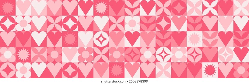 Seamless pink background for Mother's Day card template. Trendy geometric shapes with circles, squares and hearts in retro style for a Valentine's Day or wedding day cover.