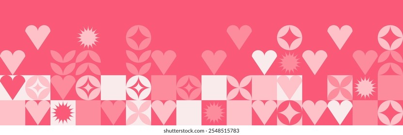 Seamless pink background for Mother's Day card template. Trendy geometric shapes with circles, squares and hearts in retro style for a Valentine's Day or wedding day cover.