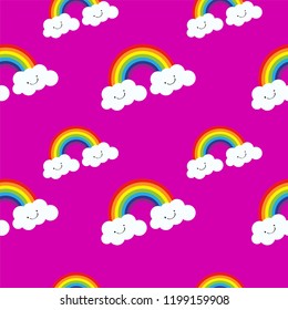 Seamless pink background on cute rainbow and cloud pattern vector