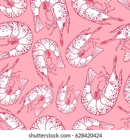 Seamless pink background with a pattern of hand drawn live shrimp in scales, with legs and tail