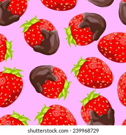 Seamless pink background with a pattern of strawberries in chocolate