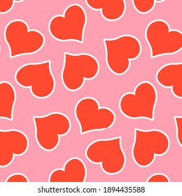 Seamless pink background with red hearts. Vector illustration. All over print. For textile, posters, postcards.