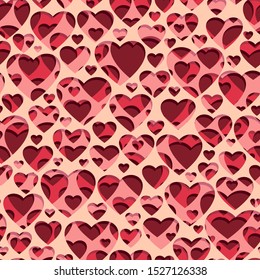 Seamless pink background of sheet perforating layers and many hearts holes with shadows on it.