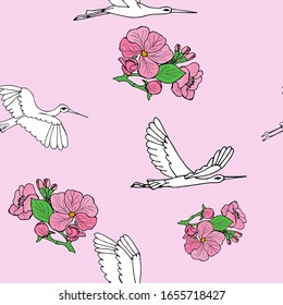 Seamless pink background with storks. Cartoon arrival of birds and spring flowers of apple tree. Drawn by hand. Stock vector illustration.
