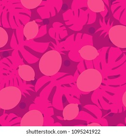 Seamless pink background in tropical fruit and palm leaves. Cute cartoon. Vector illustration. Textile rapport.