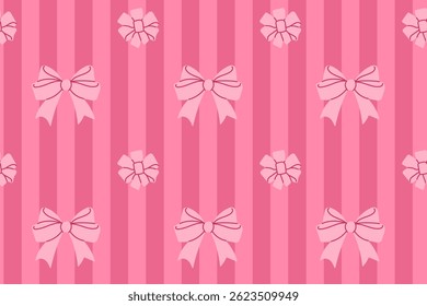Seamless pink background with white bows and floral decorations in stripe pattern
