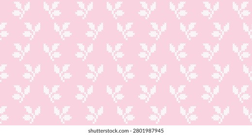 Seamless pink background with white cross-stitch floral pattern