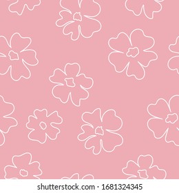 Fondo rosa impecable con flores blancas.  Flores de perro. Tela dibujada a mano, envoltura de regalo, diseño de arte mural. Ilustración vectorial. Escritura a mano. Dibujo en una línea.