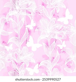 Seamless pink background with white flowers and butterflies, Wallpaper and packaging. hand drawing. Not AI, Vector illustration.