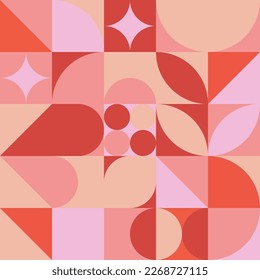 Seamless pink background for Woman's Day card template. Trendy geometric shapes with circles, squares and hearts in retro style for a Valentine's Day or wedding day cover.