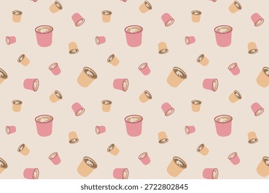 Nahtloses rosa und beiges Kaffeetassenmuster mit Latte Art für Cafe Branding und gemütliches Design