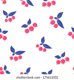 Seamless pink berry pattern blue leaves on white background