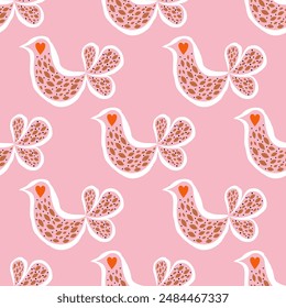 Seamless pink bird pattern with heart motifs, ideal for children’s products, wallpapers, fabric designs, and greeting cards.on pink backgound