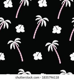 seamless pink and black palm trees pattern with tropical flowers. repeating vector beach and surfing pattern.