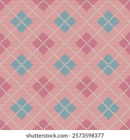 Seamless Pink and Blue Argyle Knitted Pattern Design for Textiles, Fabric, Decor and Backgrounds. Vintage Soft Knitted Diamond Pattern in Pastel Colors. Argyle Knit Texture. Vector illustration. 