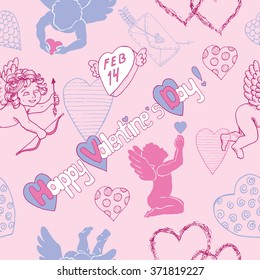 Seamless pink and blue background with Cupids, text and love symbols.  Repeated artwork with hand drawn doodle and lined elements. Valentine's Day and holiday theme