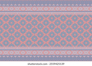 Seamless Pink and Blue Floral Pattern with Ornamental Borders and Symmetrical Flower Motifs Elegant Design for Wallpaper Fabric Textile Home Decor Traditional Art Vintage Style and Digital Projects