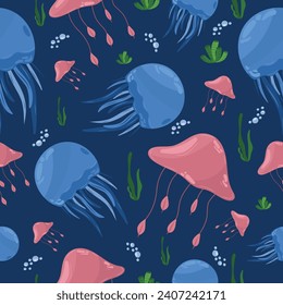 Seamless pink and blue jellyfishes pattern on isolated dark blue background. Fanny cartoon character in flat style. For kids decor, wallpaper, textiles.