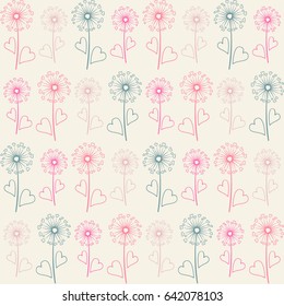 Seamless pink and blue vector dandelion pattern. Floral background design. Summer flowering plants. Blow ball flower with heart shaped feather illustration. Print, textile, wrapping paper ornament.