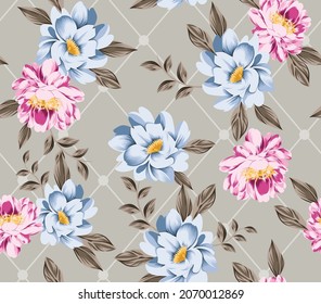 seamless pink and blue vector flower Pattern on brown background 